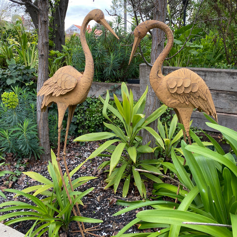 Crane Set Medium Head Up & Down Rust Statue