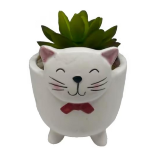Cute Kitty Kat with Plant - Ceramic Statue Statue  