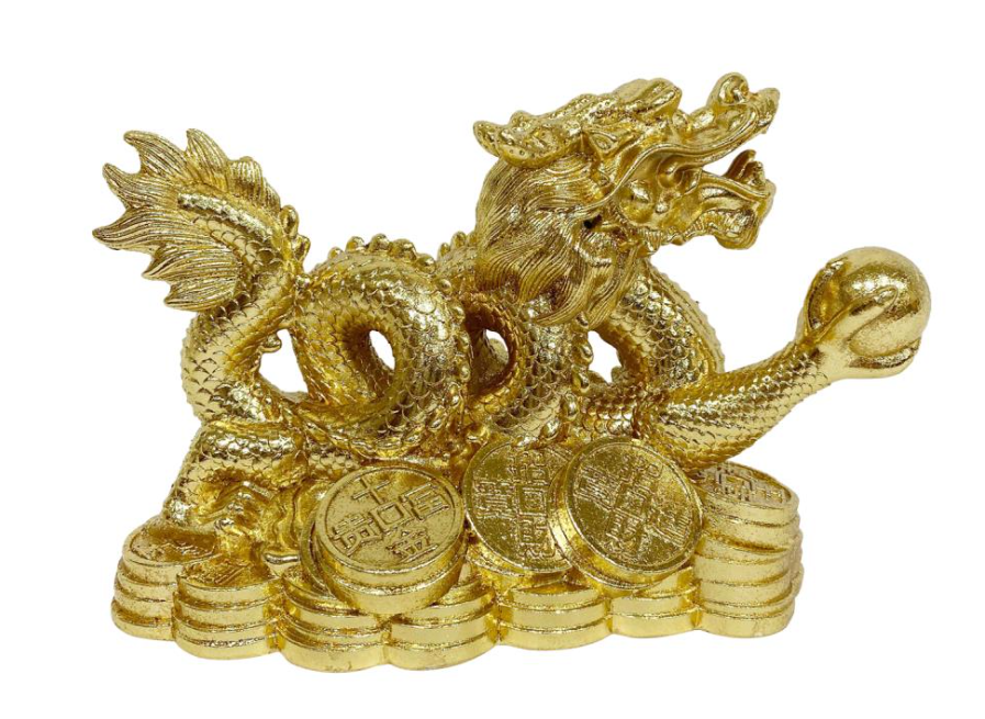 Money Imperial Golden Dragon sculpture measuring L15 W30 H19cm, perfect for home or office decoration.