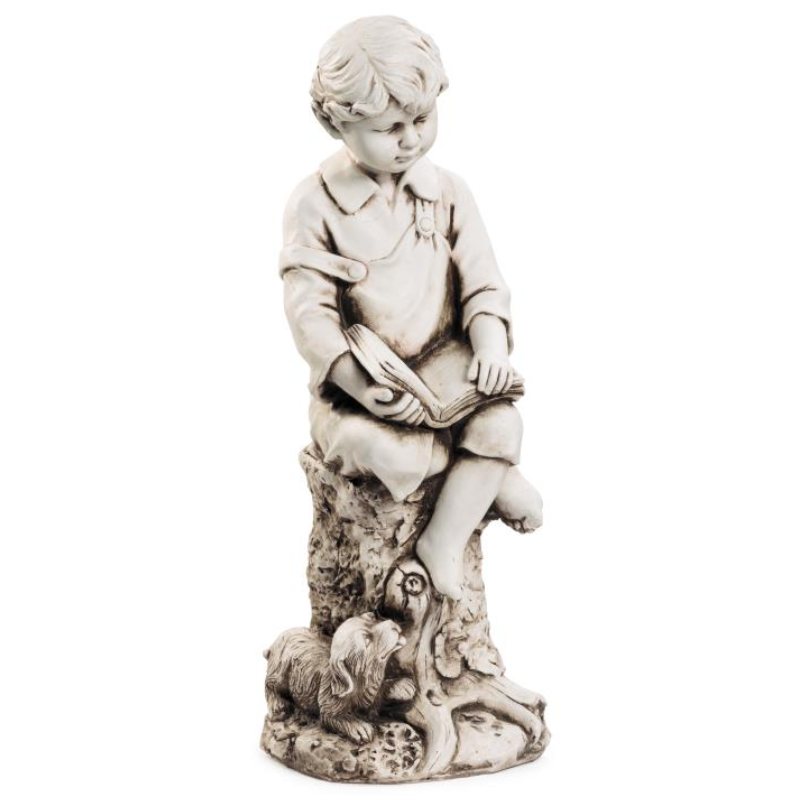 Boy with dog on Stump Reading Statue