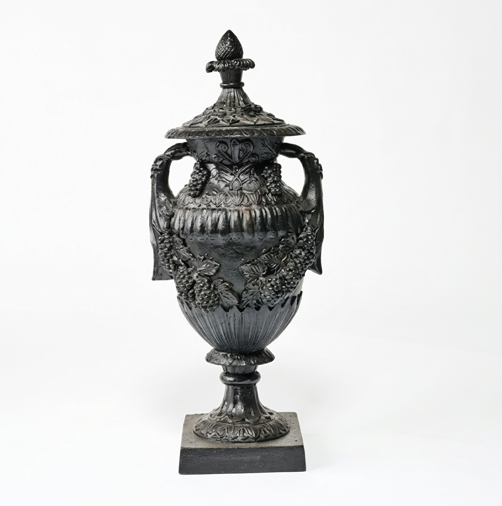 Oshi Urn with Grapes Black, showcasing elegant design and detailed craftsmanship, dimensions 93cm in height and weight 42kg.
