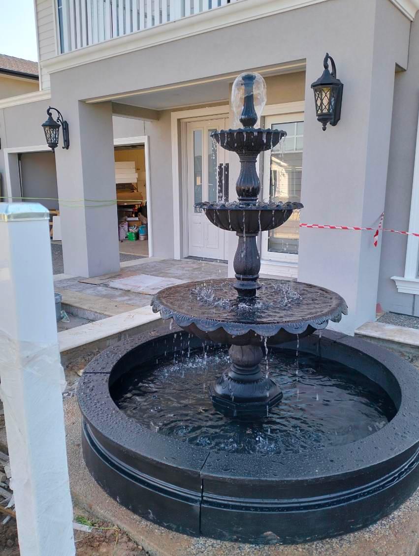Three Tier Lisbon Fountain Water Feature w/ 1.8m Pond and Surrounds Black