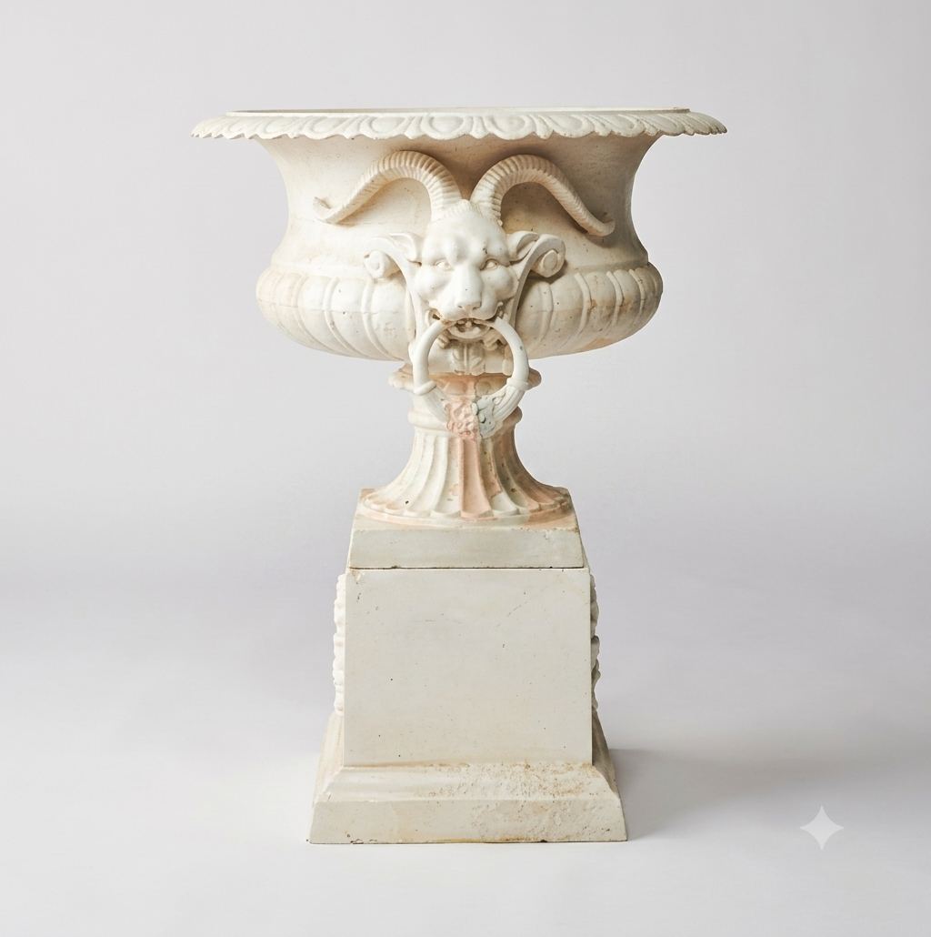 White Ram Head Urn, a decorative and durable urn measuring 62 cm in height and 78 cm in width, weighing 135 kg, perfect for home decor or memorial purposes.