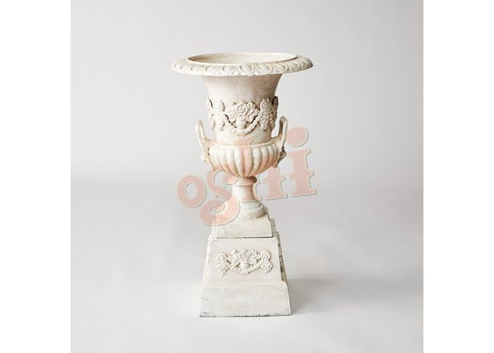 Lion Handle Urn w/ Rose on Base Urn and Pedestal