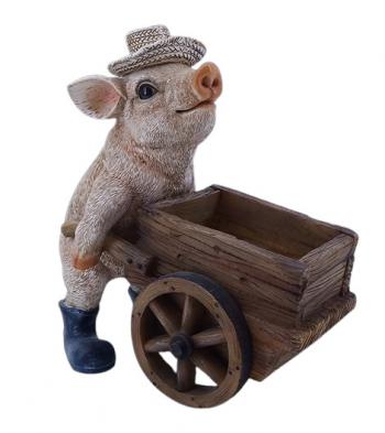 Farmer Piggy Pushing Wheelbarrow Statue Statue