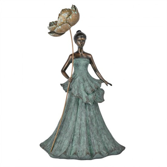 Bell Flower Lady holding a Metal Peony Statue