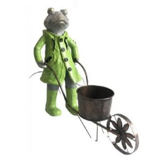 Quirky Frog Pushing Wheelbarrow Statue Statue  