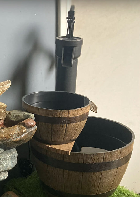Pump and Barrels with Light Fountain Water Feature