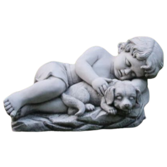 Boy Laying with Puppy Statue