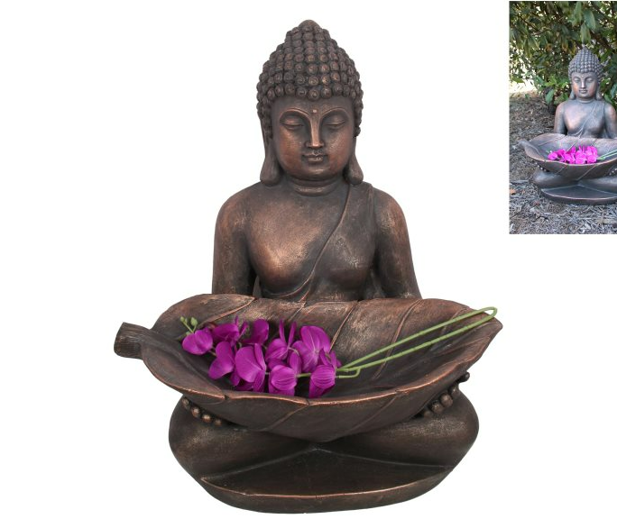 Bronzed Buddha Holding Leaf sculpture, dimensions L44 x W68 x H56 cm, elegant home decor piece.