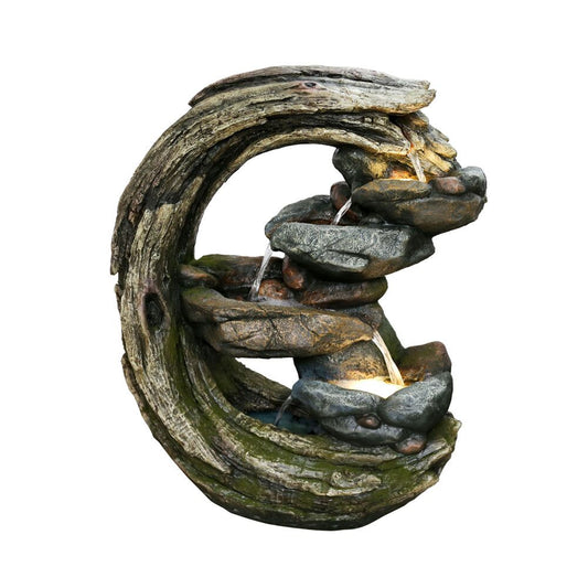 Moon Shape Log with Cascade Water Fountain Water Feature  