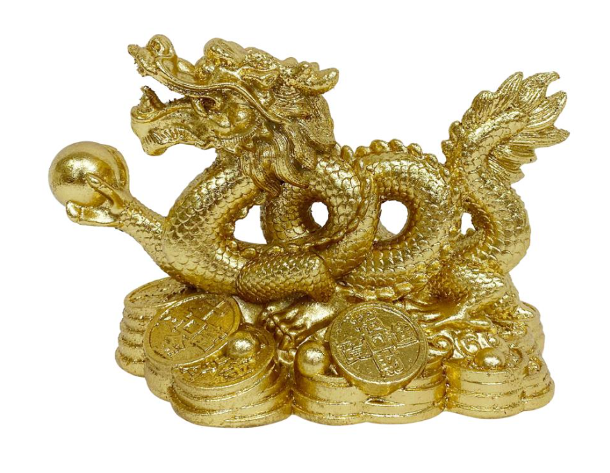 Golden Chinese Dragon on Money Base sculpture with dimensions L10 W20 H13cm, showcasing intricate detailing and craftsmanship by vendor Malmar.