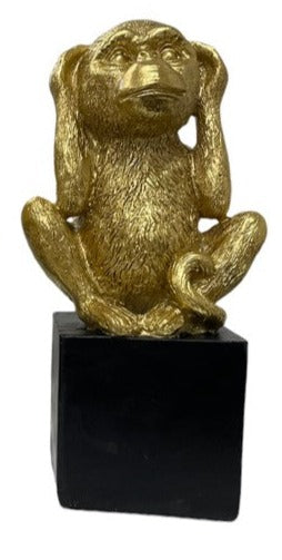 Gold Chimp on Box Statue Statue Hearing Chimp 