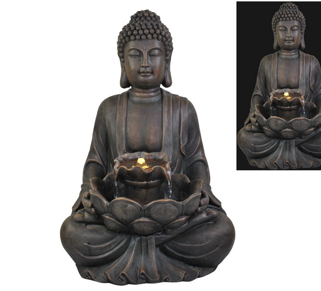 Outdoor Rulai Buddha Fountain with Light featuring dimensions L41 x W48 x H72cm, ideal for garden decor.