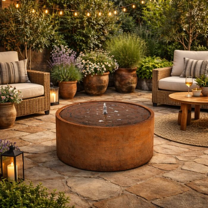 Laguna Bowl Fountain set in a cozy patio, surrounded by plants and seating, enhancing outdoor ambiance.