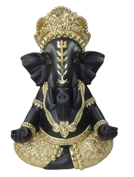 Sitting Large Black and Gold Ganesh statue with intricate details, measuring L46 W41 H69cm, suitable for home decor.