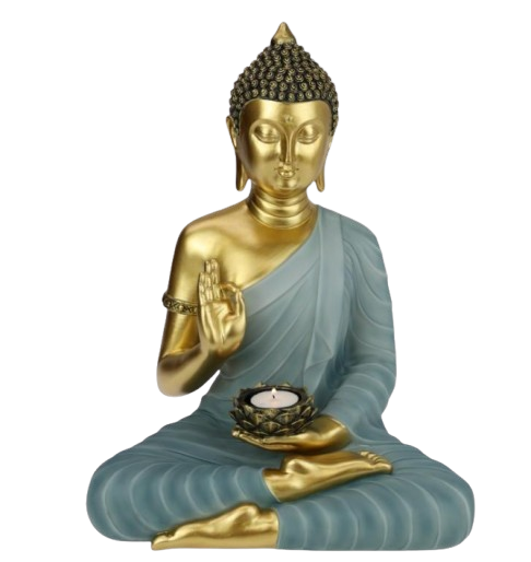 Sitting Rulai Buddha statue with dimensions L11 x W10 x H11 cm by Malmar, ideal for décor or meditation.