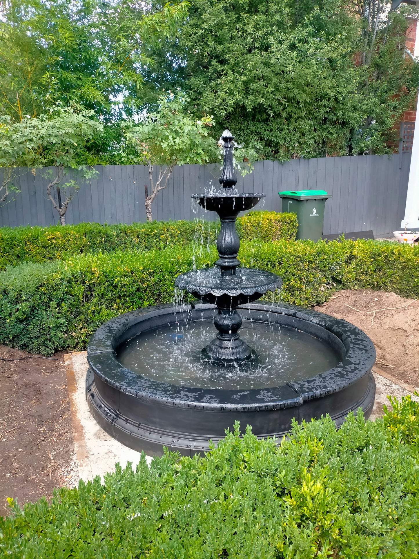 Two Tier Lisbon Fountain Water Feature w/ 1.5m Pond and Concrete Surrounds (Black) 