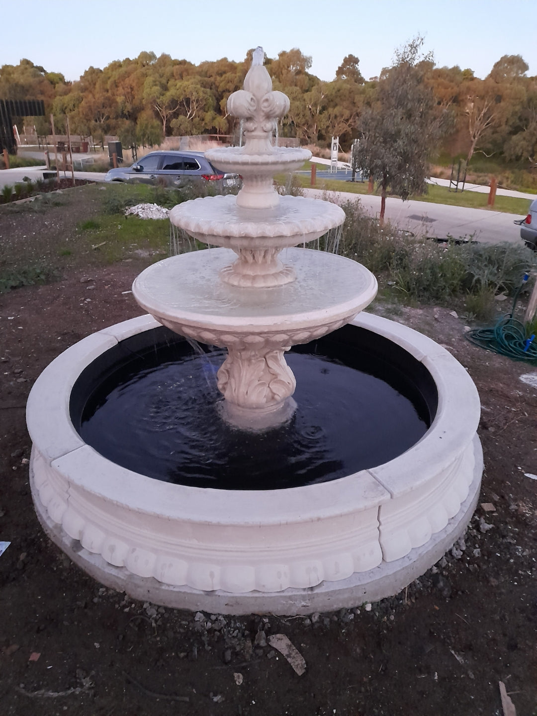 Three Tier Anniversary Fountain Water Feature w/ 1.8m Pond and Surrounds White