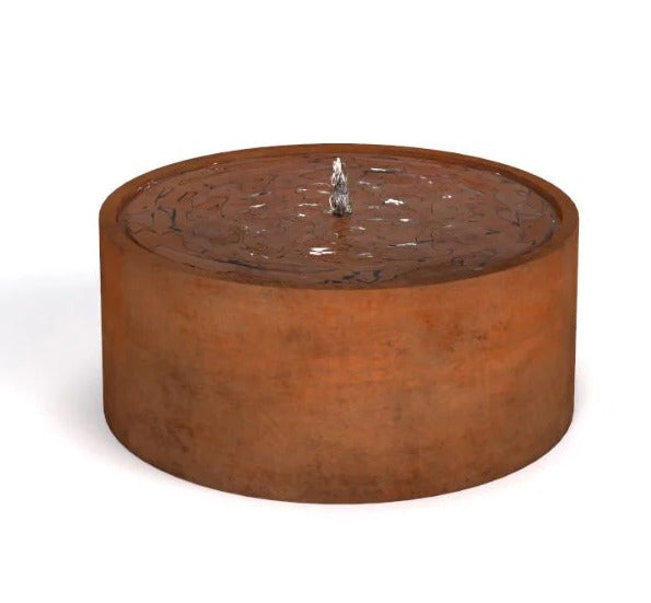Laguna Bowl Fountain in Corten steel, displaying intricate water patterns, ideal for contemporary gardens.