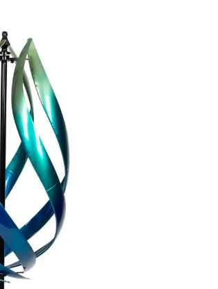 Tall Lotus Wind Spinner in blue, showcasing its elegant design and graceful movement in a garden setting.