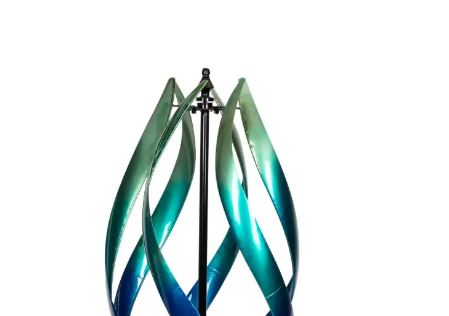 Close-up view of the Tall Lotus Wind Spinner in striking blue, highlighting the intricate details and powder-coated finish.