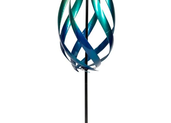 Tall Lotus Wind Spinner in blue standing tall at 226.0 cm, adding charm and tranquility to an outdoor patio.