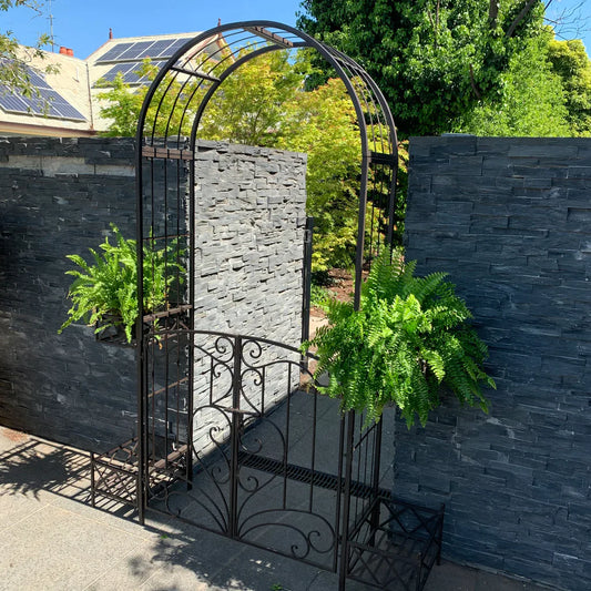 Metal Arch with Gate and Planters in Rustic Brown Furniture  
