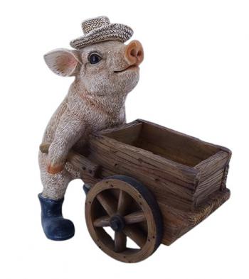 Farmer Piggy Pushing Wheelbarrow Statue Statue  