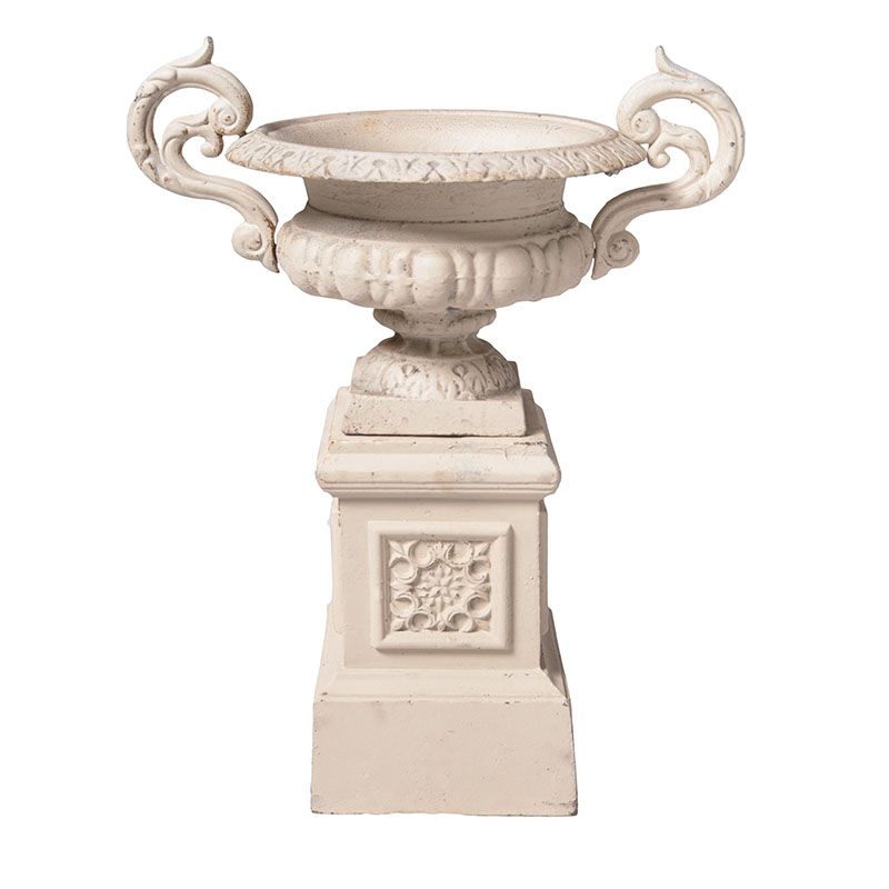 Cast Iron Campana Urn & Pedestal Urn and Pedestal Antique White 
