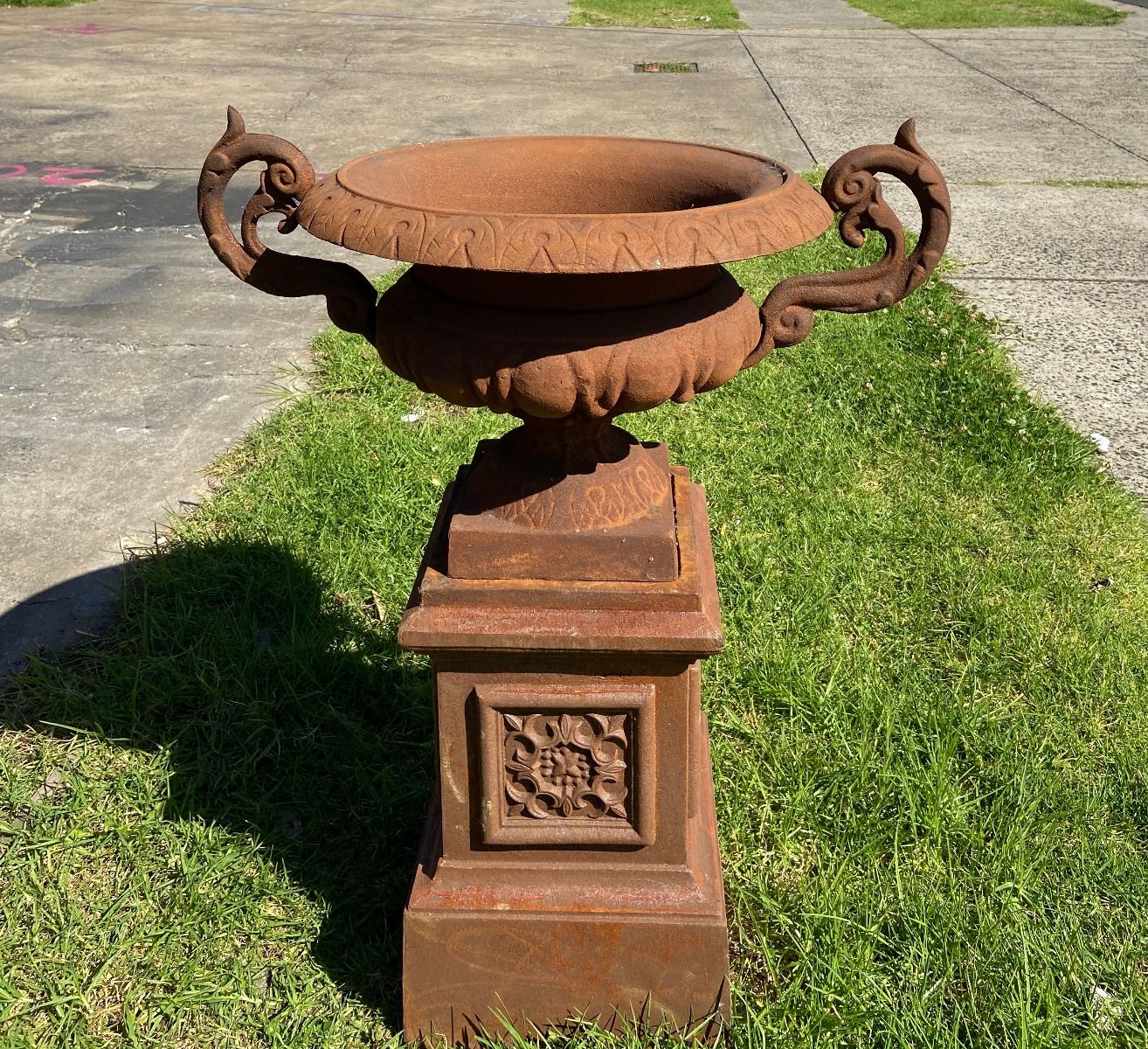 Cast Iron Campana Urn & Pedestal Urn and Pedestal  